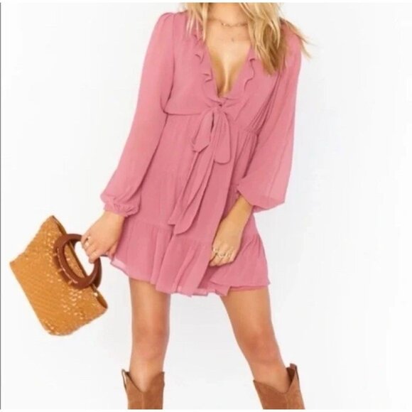 SHOW ME YOUR MUMU ADDY TIE DRESS SIZE L (MSRP:$148) PINK RUFFLE FIT FLARE BOHO - Picture 1 of 11